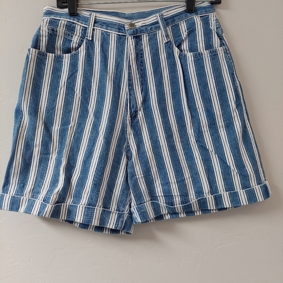 Bill Blass Blue White Jean Shorts Size 12‎ Vintage HIgh Rise Line Pattern Made - Picture 1 of 8